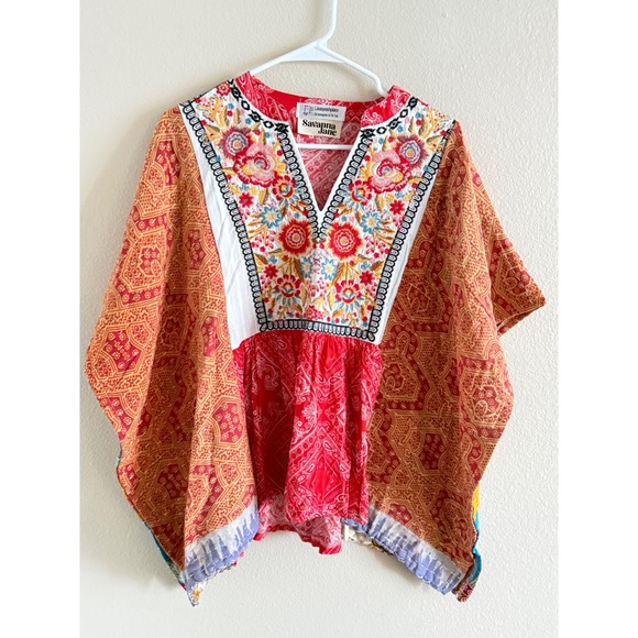 Savanna Jane Tops - Savanna Jane Mixed Print Embroidered Boho Top Red Orange Kimono Sleeve V-Neck